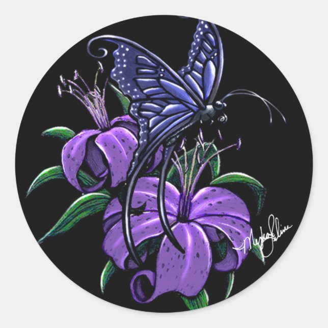 Purple Lillies Blue Butterfly Fantasy Art Stickers (Front)