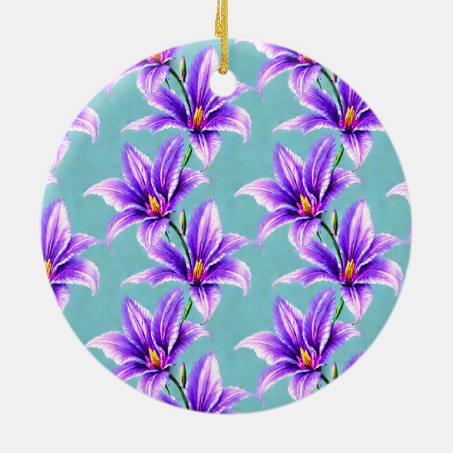 Purple Lilly of the Valley Pattern  Ceramic Ornament (Back)