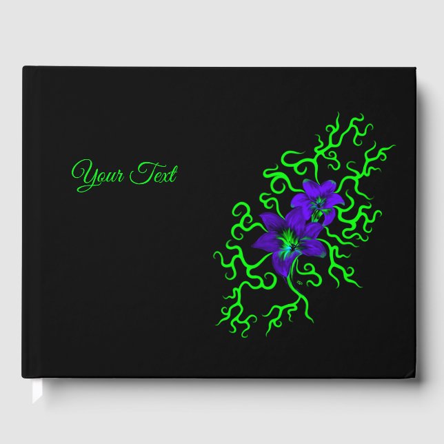 Purple Lily Flower on black Guest Book (Front)