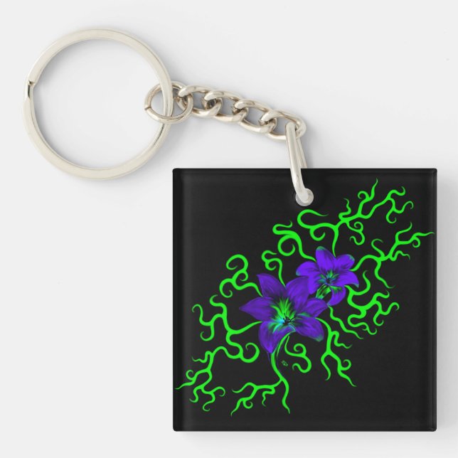 Purple Lily Flower on black Keychain (Front)