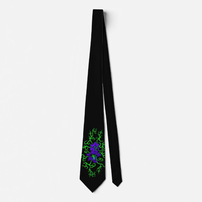 Purple Lily Flower on black Neck Tie (Front)