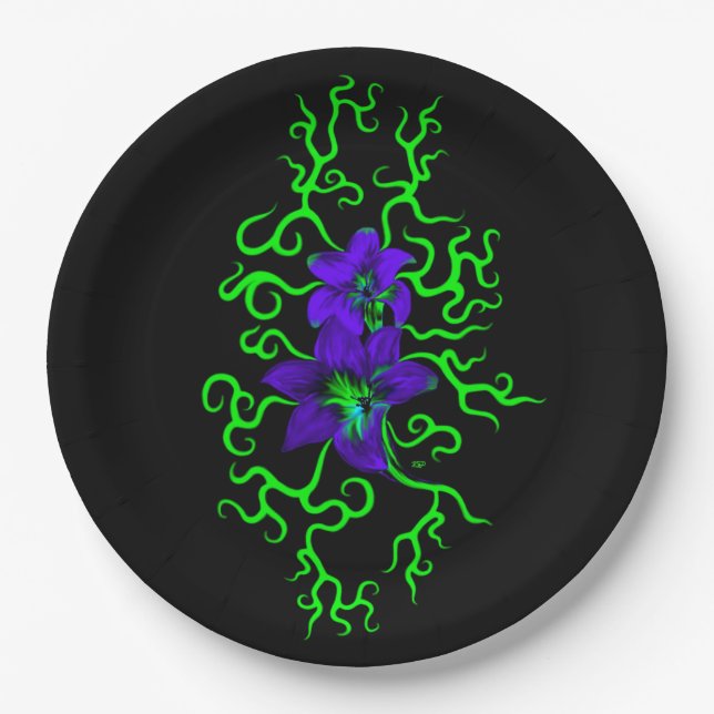 Purple Lily Flower on black Paper Plates (Front)