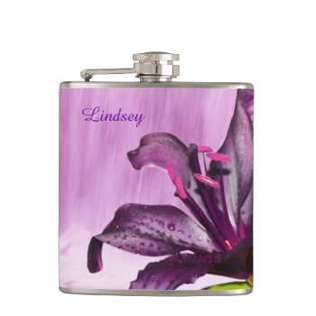 Purple Lily With Waterfall Hip Flask by FunWithFibro at Zazzle