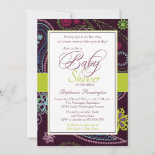 Purple lime floral paisley baby shower invitation