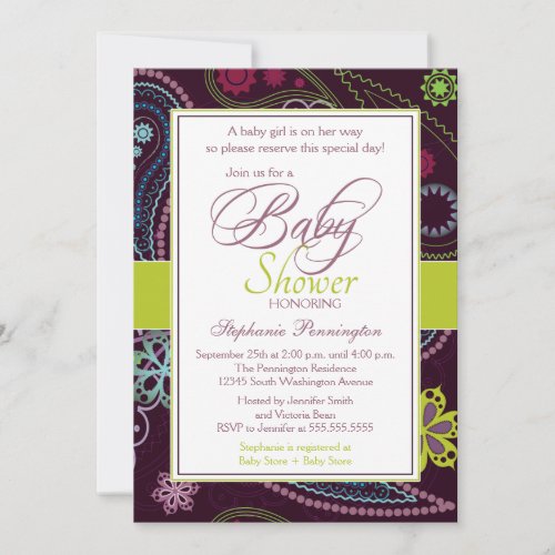 Purple lime floral paisley baby shower invitation
