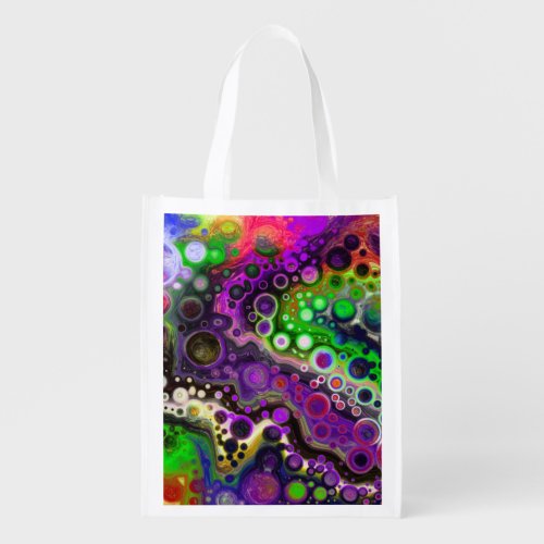 Purple Lime Green and Black Marble Fluid Art   Grocery Bag