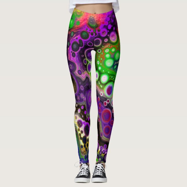 Purple, Lime Green and Black Marble Fluid Art   Leggings (Front)