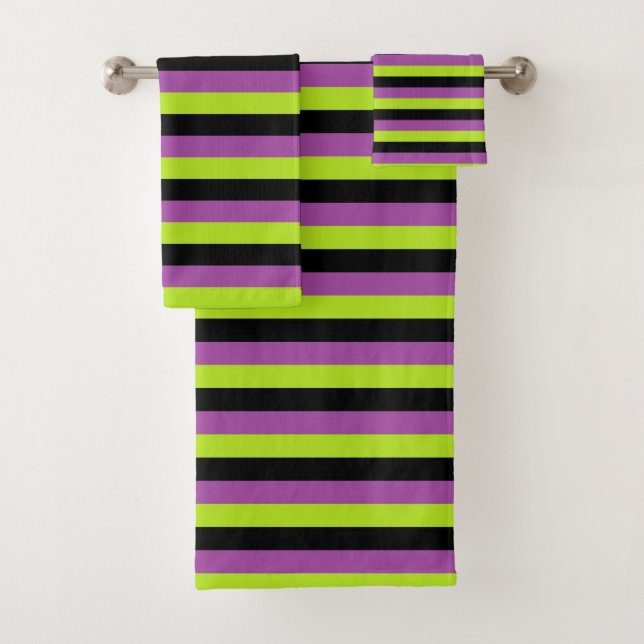 Purple, Lime Green and Black Stripes Bath Towel Set (Insitu)