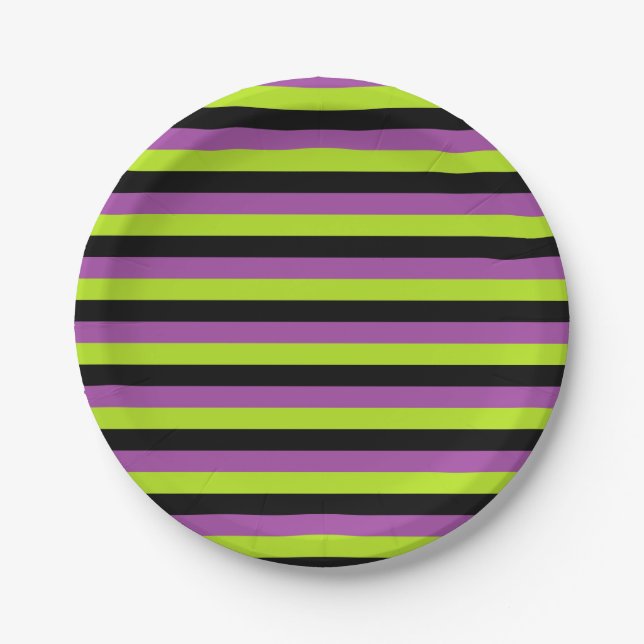 Purple Lime Green and Black Stripes Paper Plates (Front)