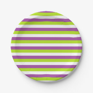 Purple, Lime Green and White Stripes Paper Plates