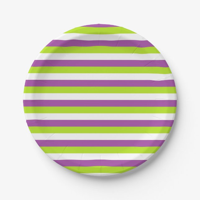Purple, Lime Green and White Stripes Paper Plates (Front)