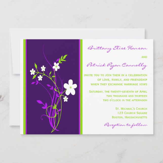 Purple, Lime, White Floral Wedding Invitation (Front)
