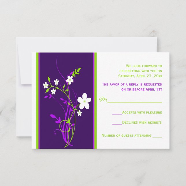 Purple, Lime, White Floral Wedding RSVP Card (Front)