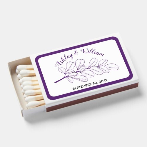 Purple line art branch and leaves wedding matchboxes