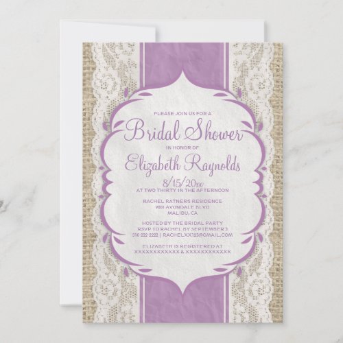 Purple Linen Burlap Lace Bridal Shower Invitations