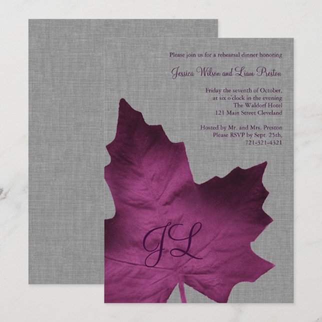 Purple Linen Monogrammed Rehearsal Dinner Invite (Front/Back)