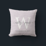 Purple Linen White Monogram Wedding Keepsake Throw Pillow<br><div class="desc">Elegant wedding keepsake purple woven linen effect pillow with your text in dark gray chic handwritten script calligraphy. Simply add your names, monogram and wedding date. Great gift for a newlywed couple. Exclusively designed for you by Happy Dolphin Studio. If you need any help or matching products, please contact us...</div>