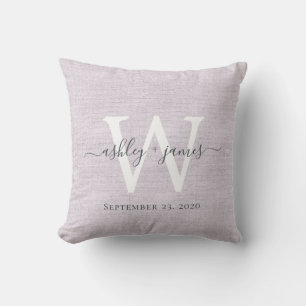 Purple Linen White Monogram Wedding Keepsake Throw Pillow