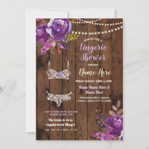 Purple Lingerie Shower Bachelorette Wood Invite