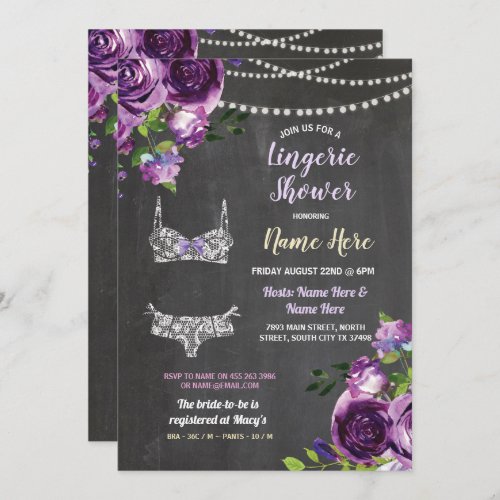 Purple Lingerie Shower Bow Panties Bra Floral Invitation