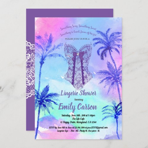 Purple lingerie shower Tropical bridal party Invitation