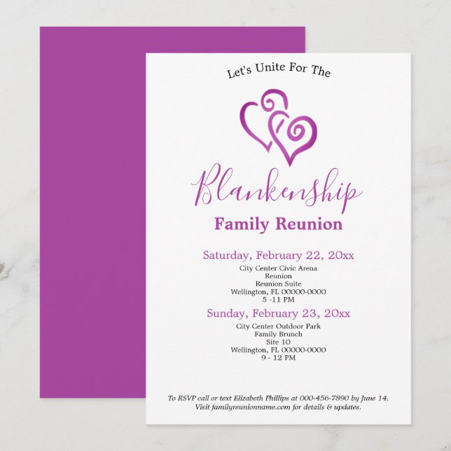 Purple Linked Hearts Family Reunion Template (Front/Back)