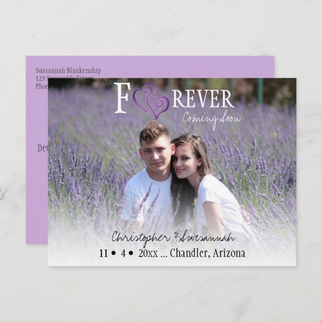Purple Linked Hearts FOREVER Save The Date  Announcement Postcard (Front/Back)