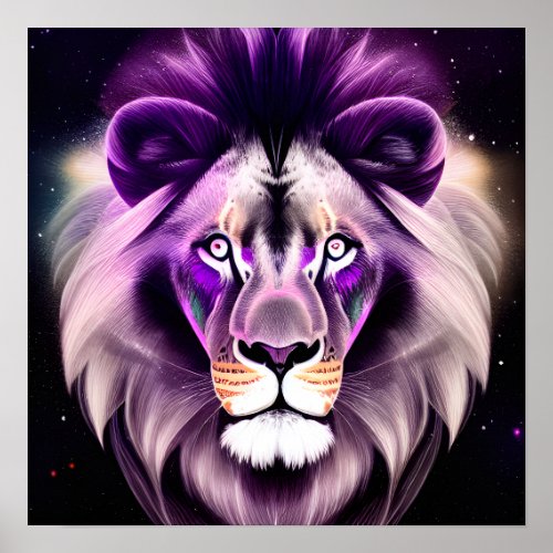 Purple Lion  Starry Background Poster