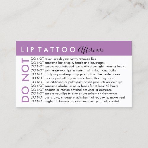 Purple Lip tattoo Avoids Advices Aftercare Business Card