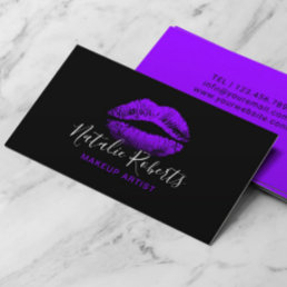 Purple Lips Makeup Artist Plain Black Salon Business Card