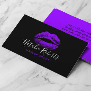 Purple Lips Makeup Artist Plain Black Salon Business Card