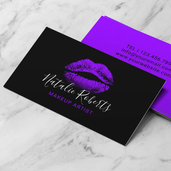 Purple Lips Makeup Artist Plain Black Salon Business Card by cardfactory at Zazzle