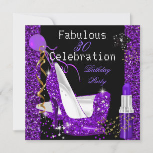 Purple Lipstick Glitter Heels Birthday Party Invitation