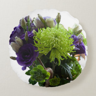 Purple Lisianthus Green Spider Mum Floral Round Pillow