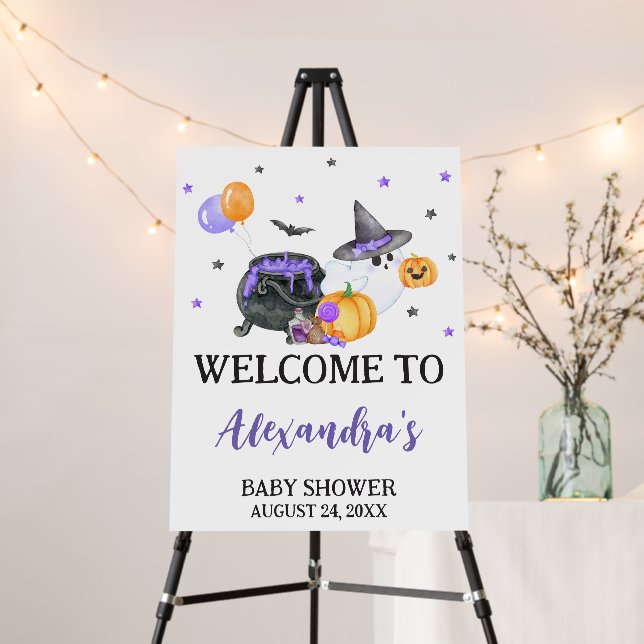 Purple Little Boo Ghost Baby Shower Welcome Sign (In Situ (Stand))