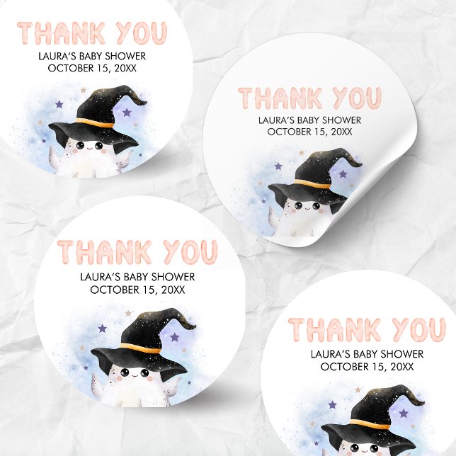 Purple Little Boo Ghost Witch Baby Shower Classic Round Sticker (Little Boo Halloween Baby Shower Round Sticker)