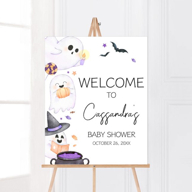Purple Little Boo Halloween Baby Shower Welcome Poster (Purple Little Boo Baby Shower Welcome Sign)