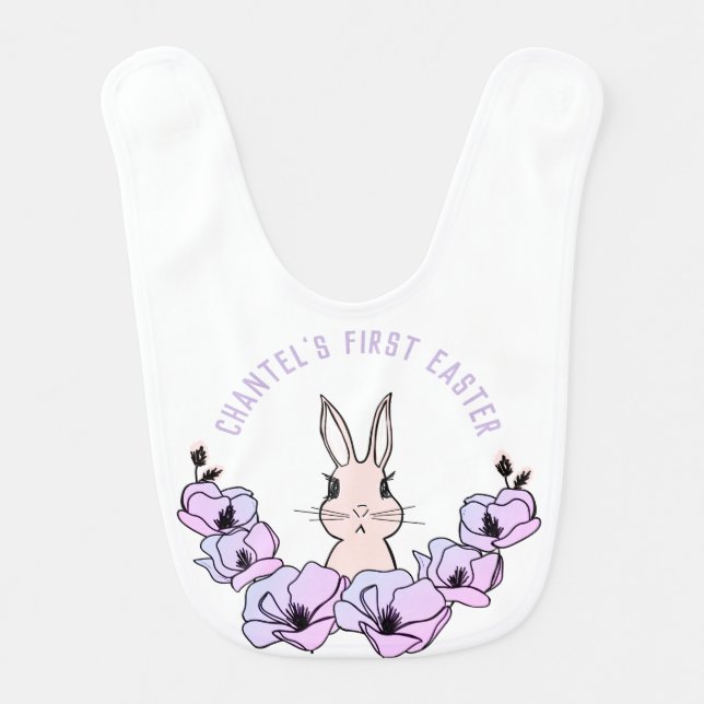 Purple Little Bunny Flower Custom First Easter Baby Bib (Front)