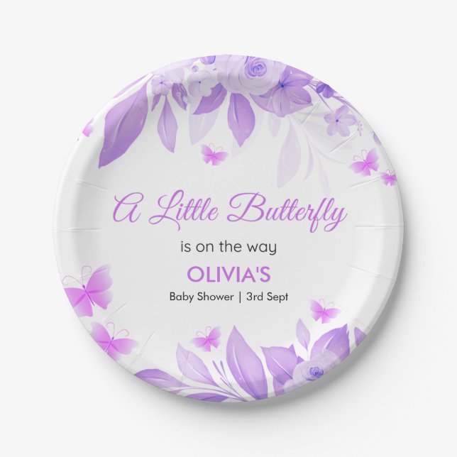 Purple Little Butterfly is on the Way Baby Shower  Paper Plates (Front)