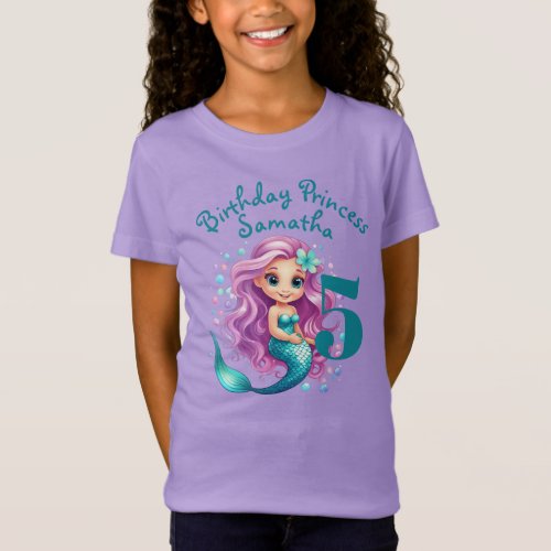 Purple Little Mermaid Watercolor Birthday Girl T_Shirt