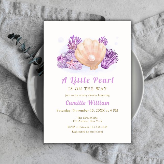 Purple Little Pearl Ocean Seashell Baby Shower Invitation (Purple Little Pearl Ocean Seashell Baby Shower Invitation)