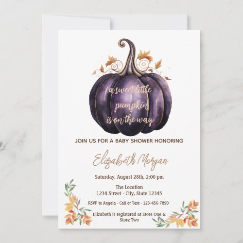 Purple Little Pumpkin Autumn Leaves Baby Shower  Invitation
