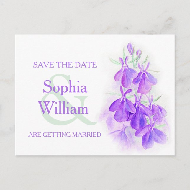 purple lobelia save the date postcard (Front)
