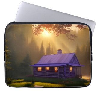 Purple Log Cabin in clearing at daybreak Laptop Sleeve