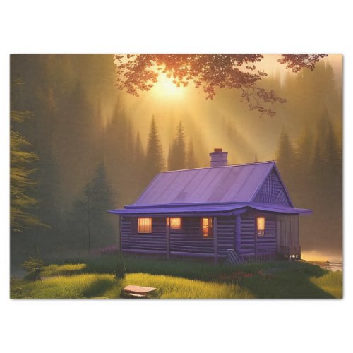 Purple Log Cabin in clearing at daybreak Tissue Paper