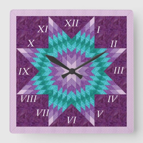 Purple Lone Star Quilt Design Square Wall Clock