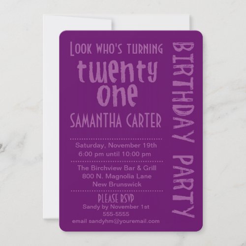 Purple Look Whos Turning 21 Birthday Invitation