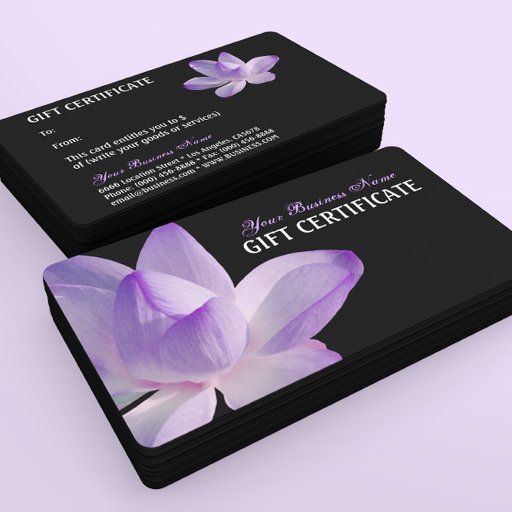 Customizable Purple Lotus Bloom on Black Gift Certificate Business Card