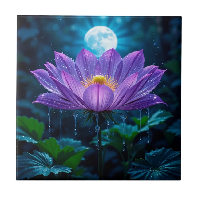 Purple Lotus Blossom Under Moonlit Ceramic Tile (Front)