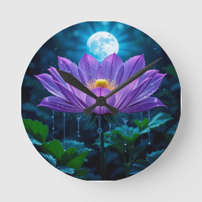 Purple Lotus Blossom Under Moonlit Round Clock (Front)